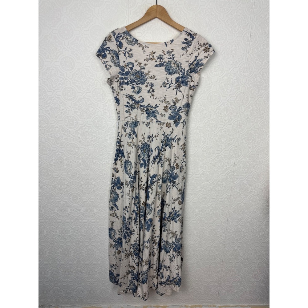 Chaps Cottagecore Blue Floral Maxi Dress Short Sleeve Scoop Neck Cream Small